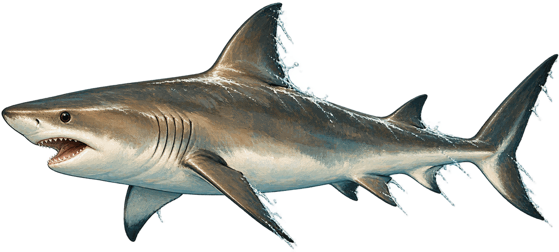 Sandbar Sammy, a sandbar shark breaking the surface