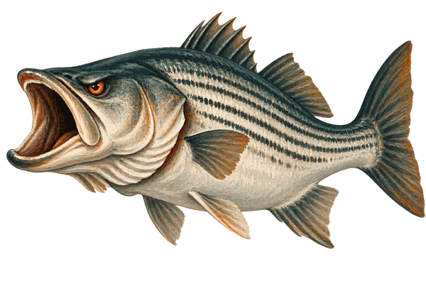 The Bay Bully, a striped bass, mouth open